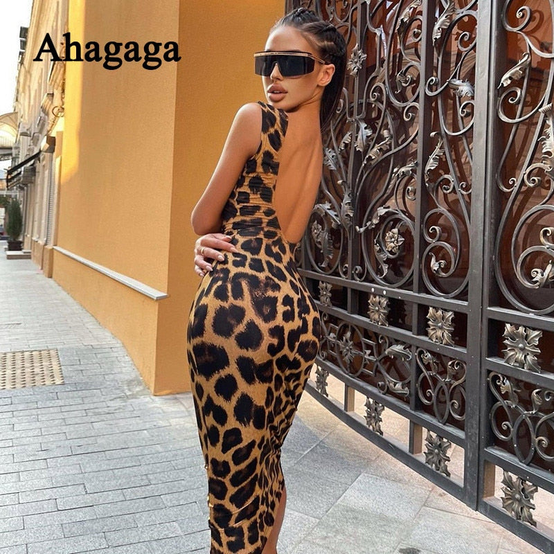 Sexy Leopard Print Dress Women Fashion Backless Sheath Bodycon