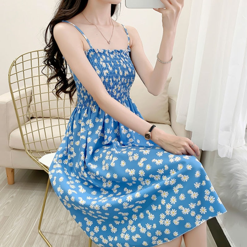 Spaghetti Strap Floral Printed  High Waist  Dress