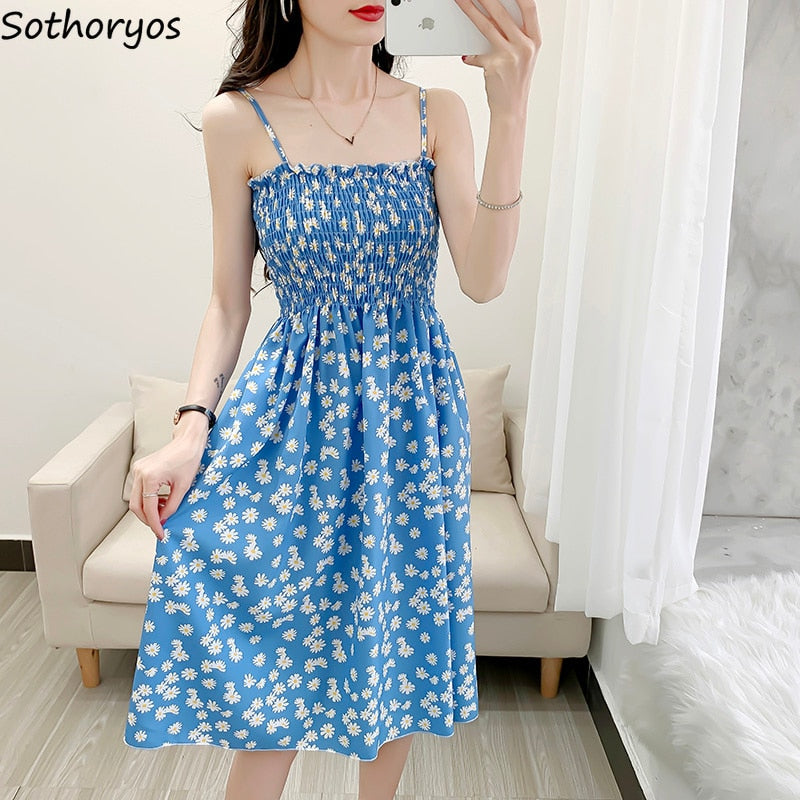 Spaghetti Strap Floral Printed  High Waist  Dress