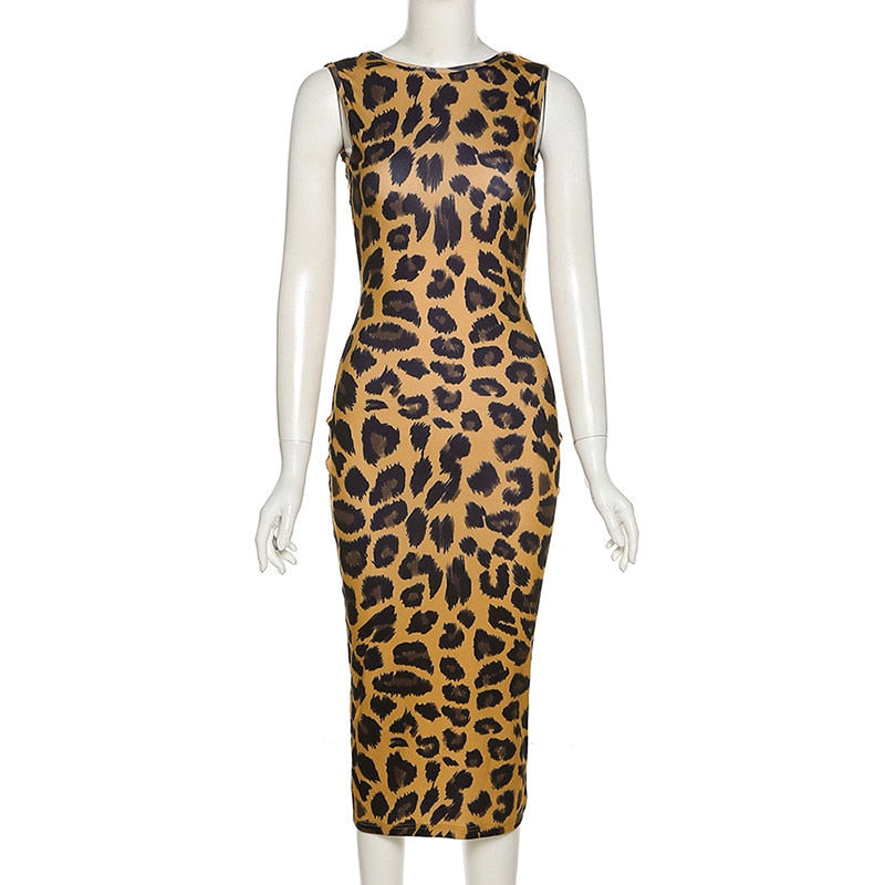 Sexy Leopard Print Dress Women Fashion Backless Sheath Bodycon