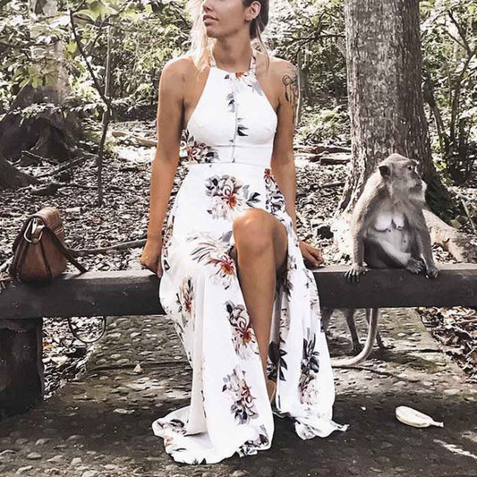 Floral print halter chiffon long dress