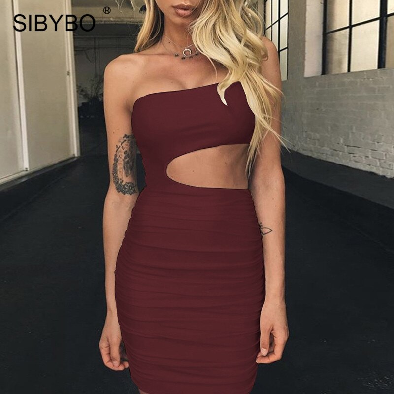 One Shoulder Hollow Out  Backless  Mini Bodycon Dress