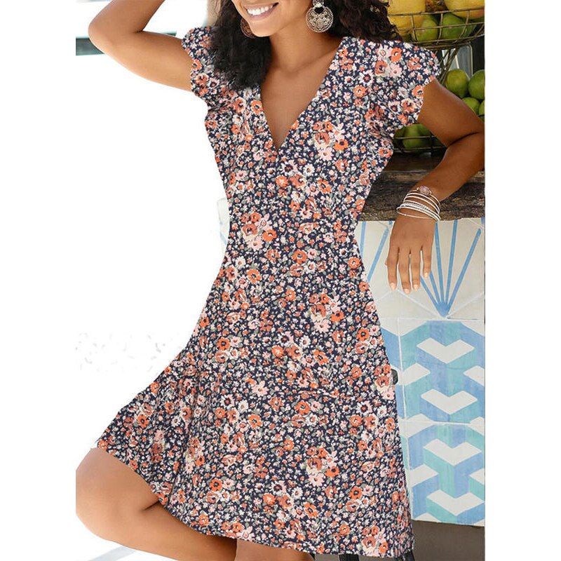 V Neck Floral Print Dress Women