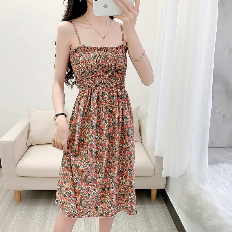 Spaghetti Strap Floral Printed  High Waist  Dress