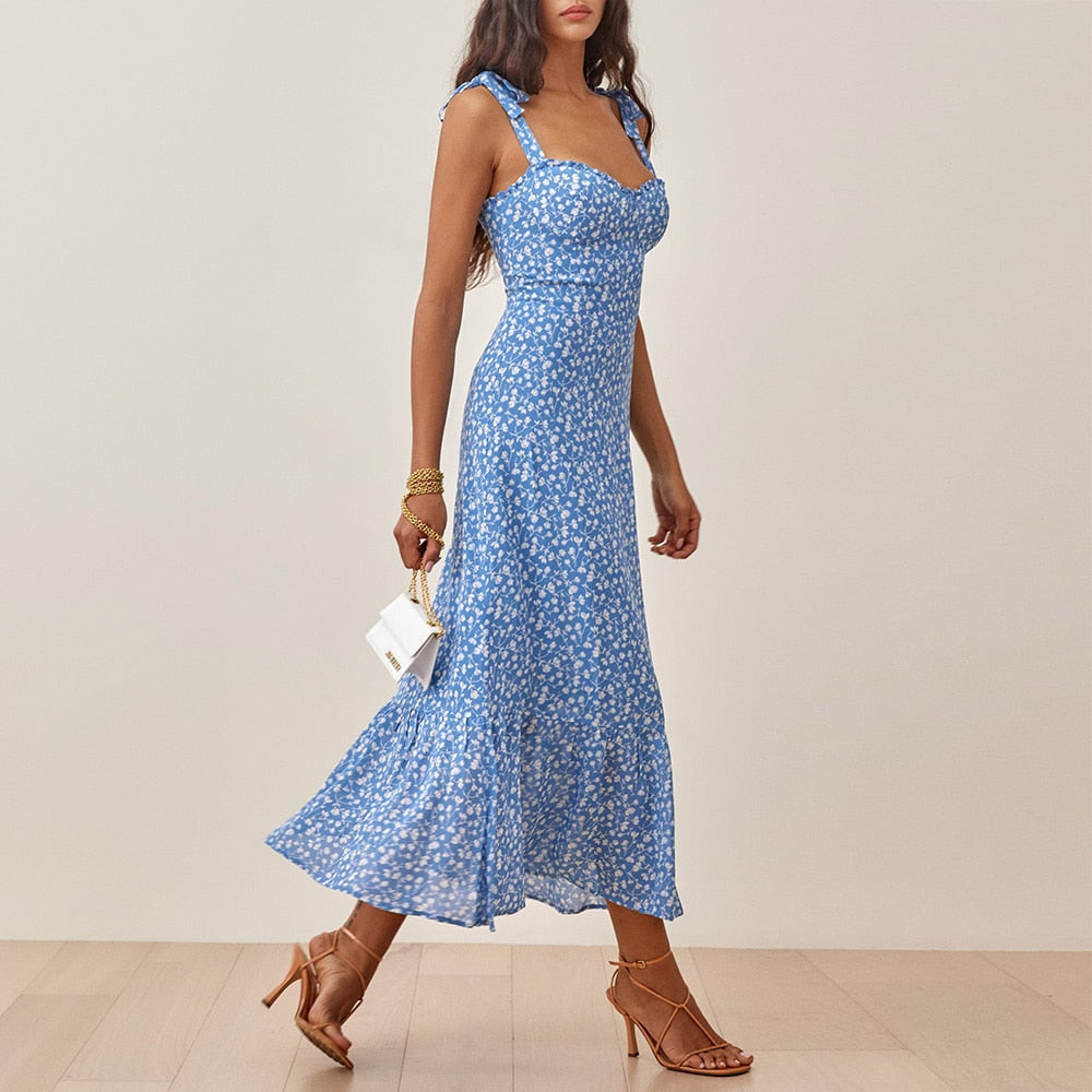 Ruffle Hem Floral Chiffon Midi Dress Frill Edge