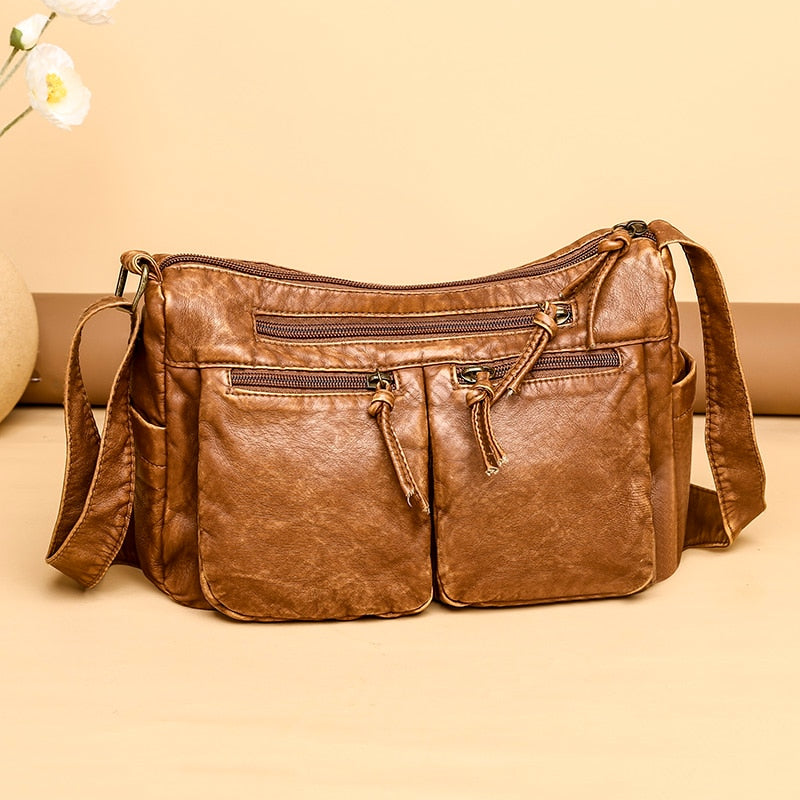 Soft Leather Shoulder Bags Multi-Layer Large Capacity