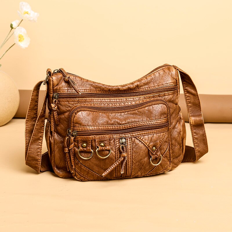 Soft Leather Shoulder Bags Multi-Layer Large Capacity