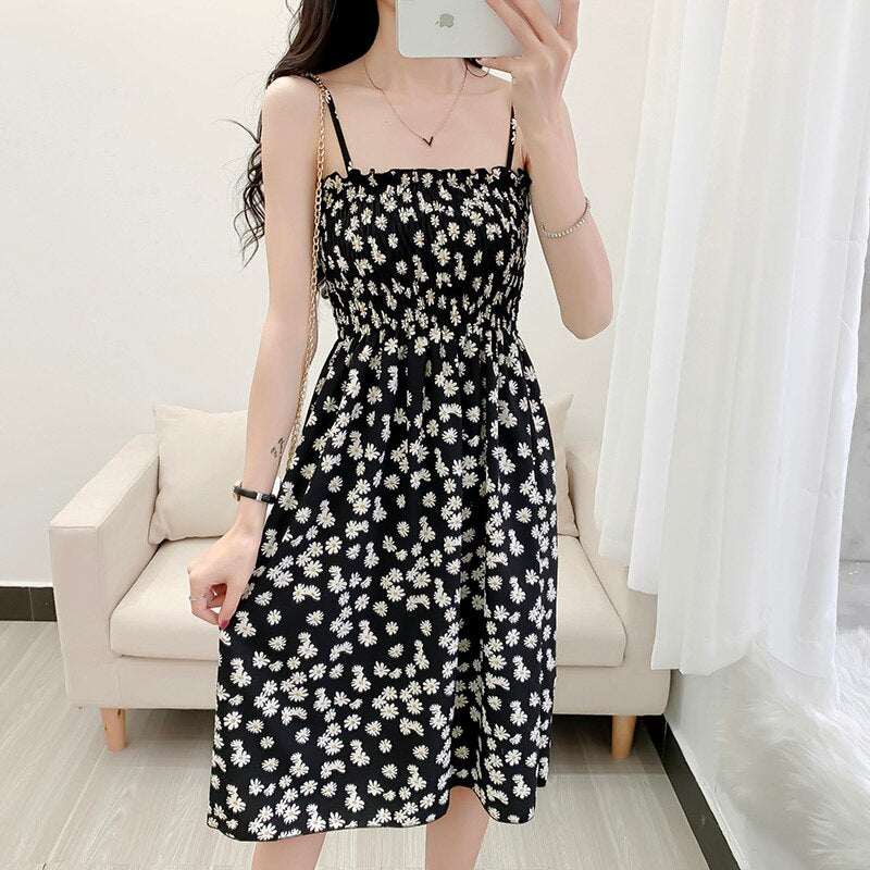 Spaghetti Strap Floral Printed  High Waist  Dress