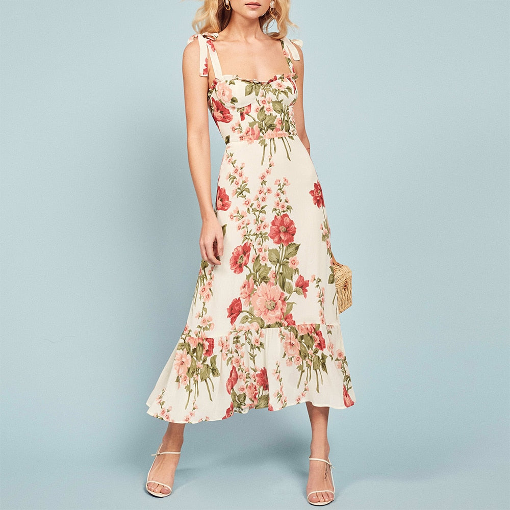 Ruffle Hem Floral Chiffon Midi Dress Frill Edge