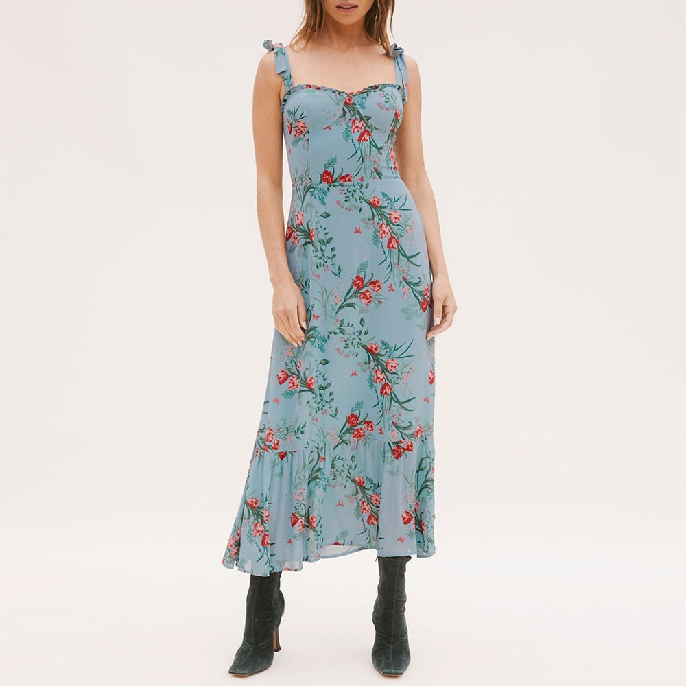 Ruffle Hem Floral Chiffon Midi Dress Frill Edge