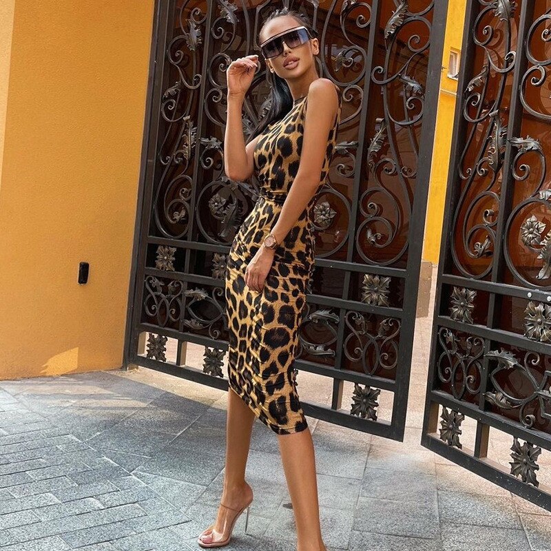 Sexy Leopard Print Dress Women Fashion Backless Sheath Bodycon