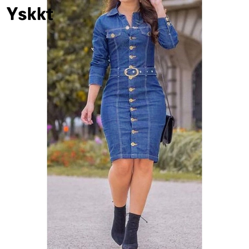 Denim Dress Women Button  Casual Dress