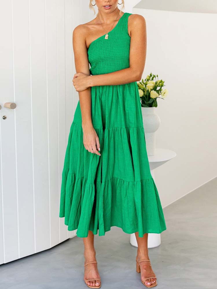 Green Long Dress Women One Shoulder Maxi Dress