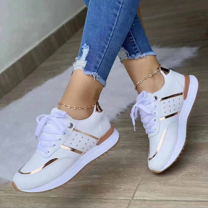 Women Sneakers Platform Shoes, Leather Patchwork Casual Sport Shoes, Ladies Outdoor Running