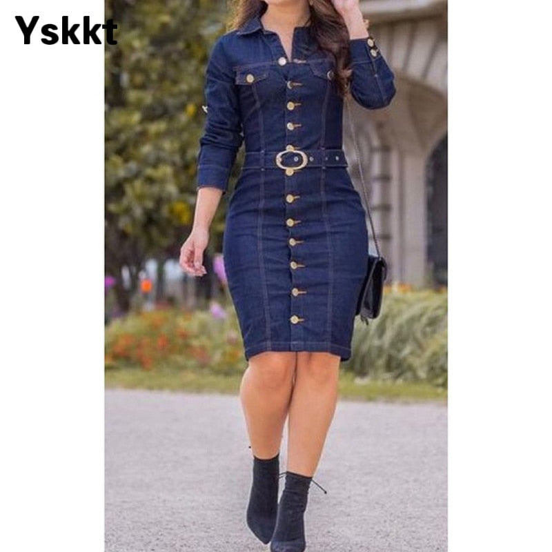 Denim Dress Women Button  Casual Dress