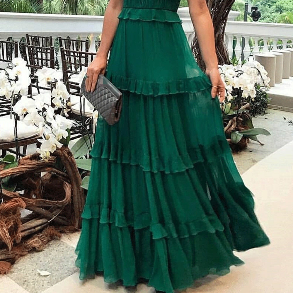 Green Tulle Spaghetti Strap,Pleated Ruffles Maxi Summer Dress