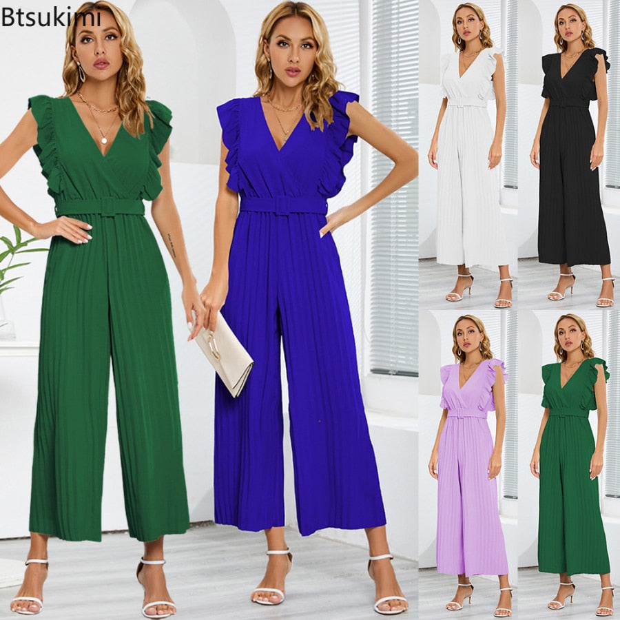 Slim Rompers Sleeveless Ruffle V-neck Pleated Women Jumpsuit