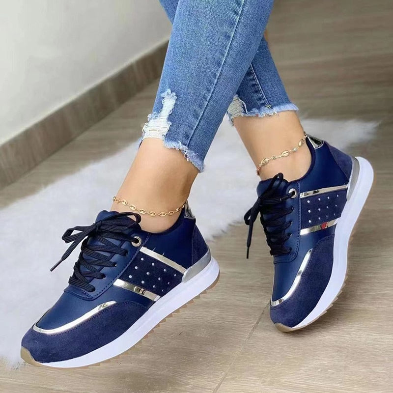 Women Sneakers Platform Shoes, Leather Patchwork Casual Sport Shoes, Ladies Outdoor Running