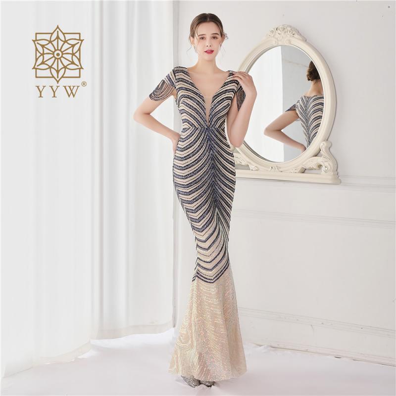 Green Stripes Sequin Evening Dresses Beading