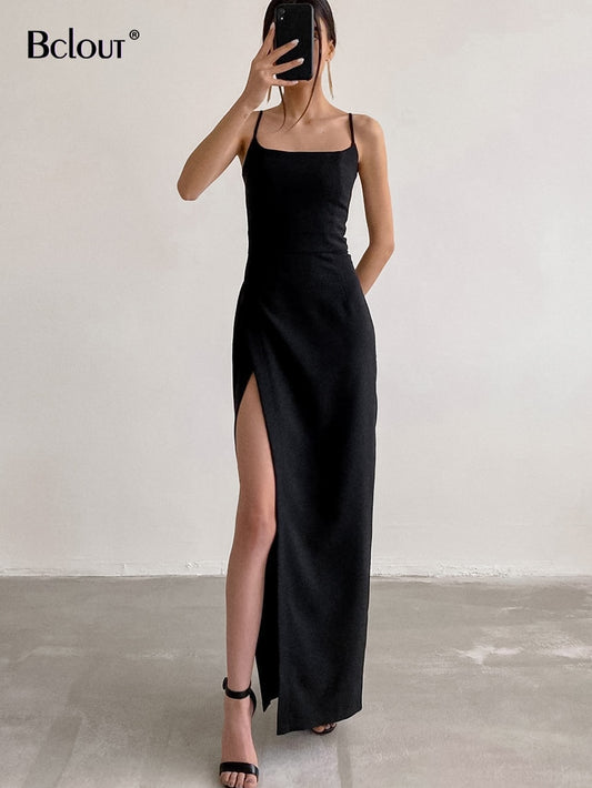 Black Spaghetti Strap Long Dress  Backless Split Bodycon