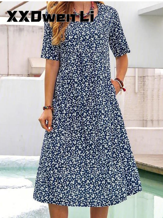 Casual Loose Floral Print Short Sleeve Midi Dress