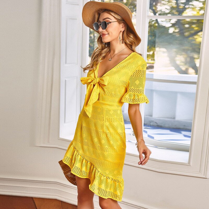 Hollow Out Ruffles Boho Dress Summer  Dress