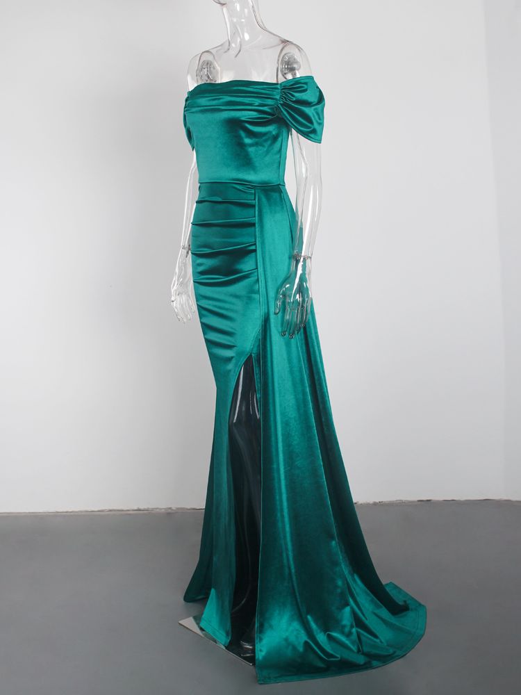 Off the Shoulder Ruched Long Satin Maxi Dress with Ribbon Formal Pleated Leg Split Prom Gown