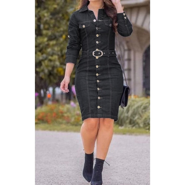 Denim Dress Women Button  Casual Dress