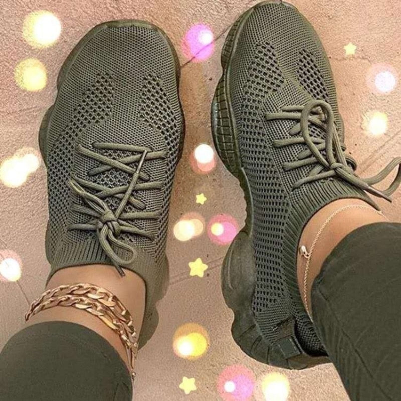 New Women's Sneaker Breathable Knitted Casual Women Socks Shoes Lace up