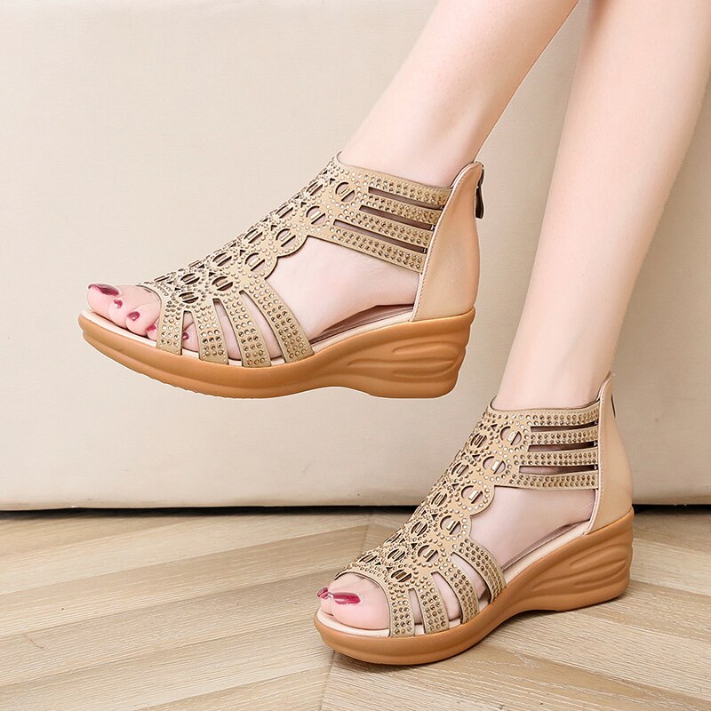 Crystal Sandals Wedges Hollow Out Zipper Sandals