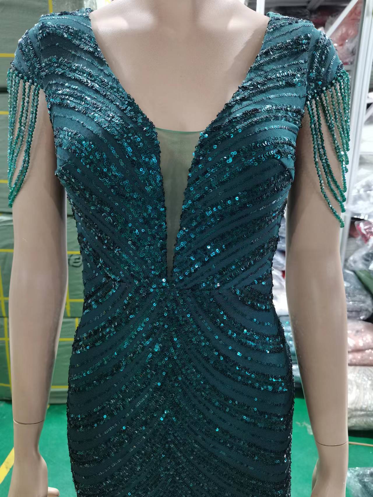 Green Stripes Sequin Evening Dresses Beading