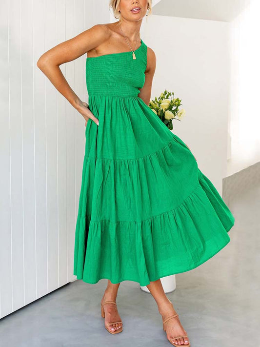 Green Long Dress Women One Shoulder Maxi Dress