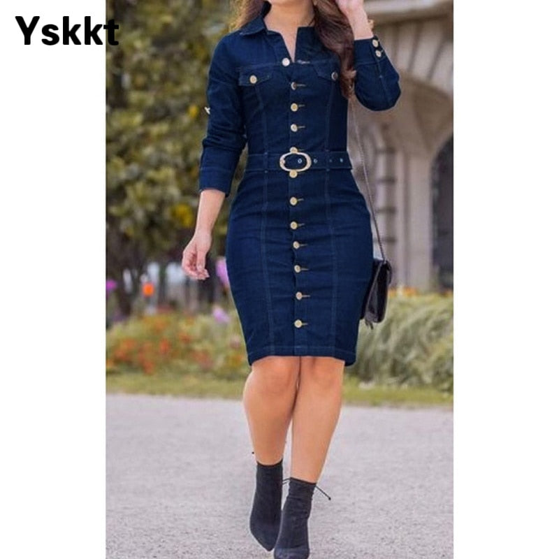 Denim Dress Women Button  Casual Dress