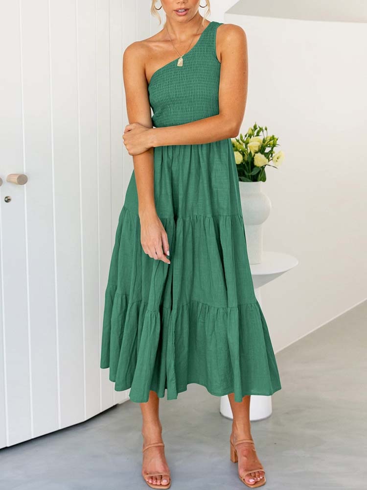 Green Long Dress Women One Shoulder Maxi Dress