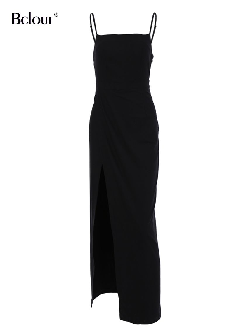 Black Spaghetti Strap Long Dress  Backless Split Bodycon