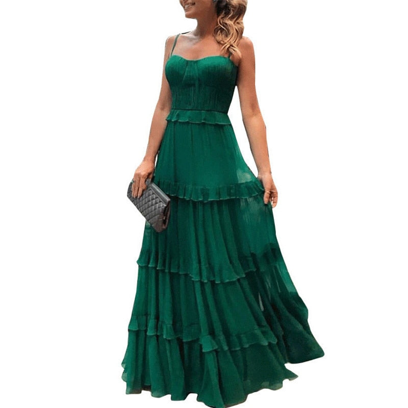 Green Tulle Spaghetti Strap,Pleated Ruffles Maxi Summer Dress