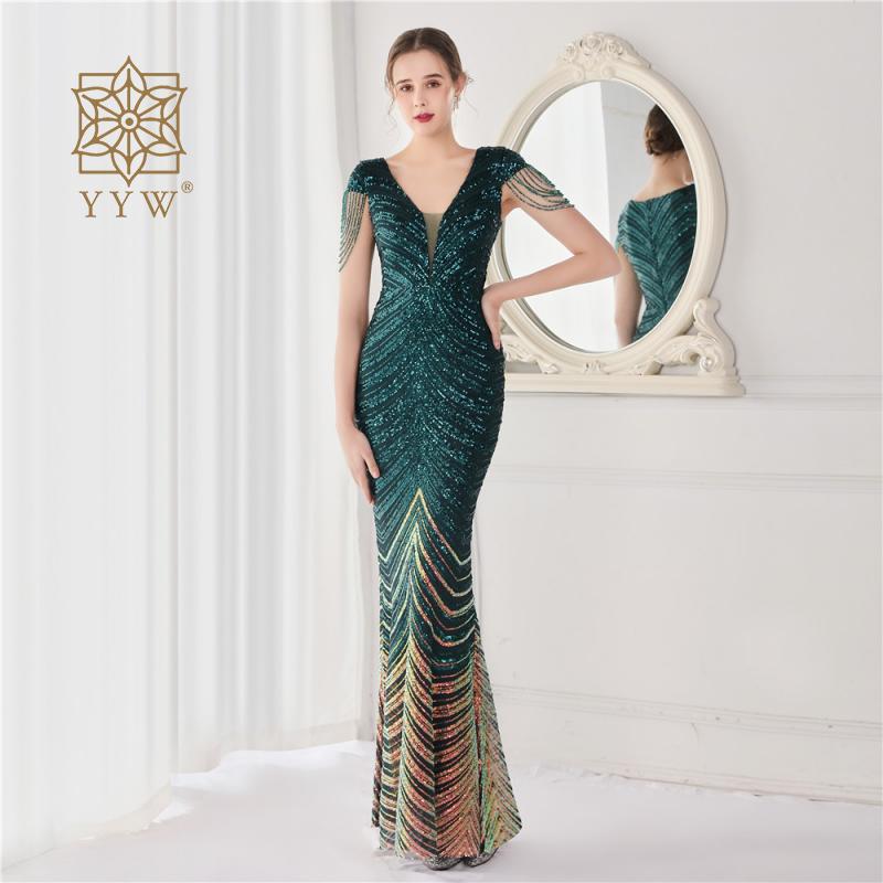 Green Stripes Sequin Evening Dresses Beading