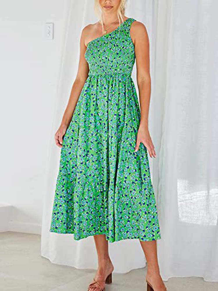 Green Long Dress Women One Shoulder Maxi Dress