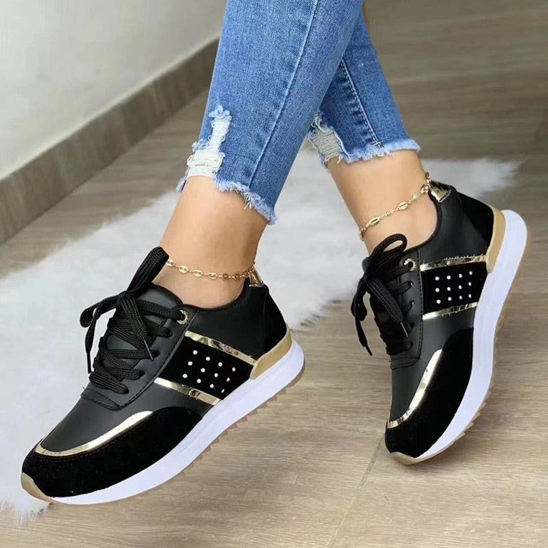 Women Sneakers Platform Shoes, Leather Patchwork Casual Sport Shoes, Ladies Outdoor Running