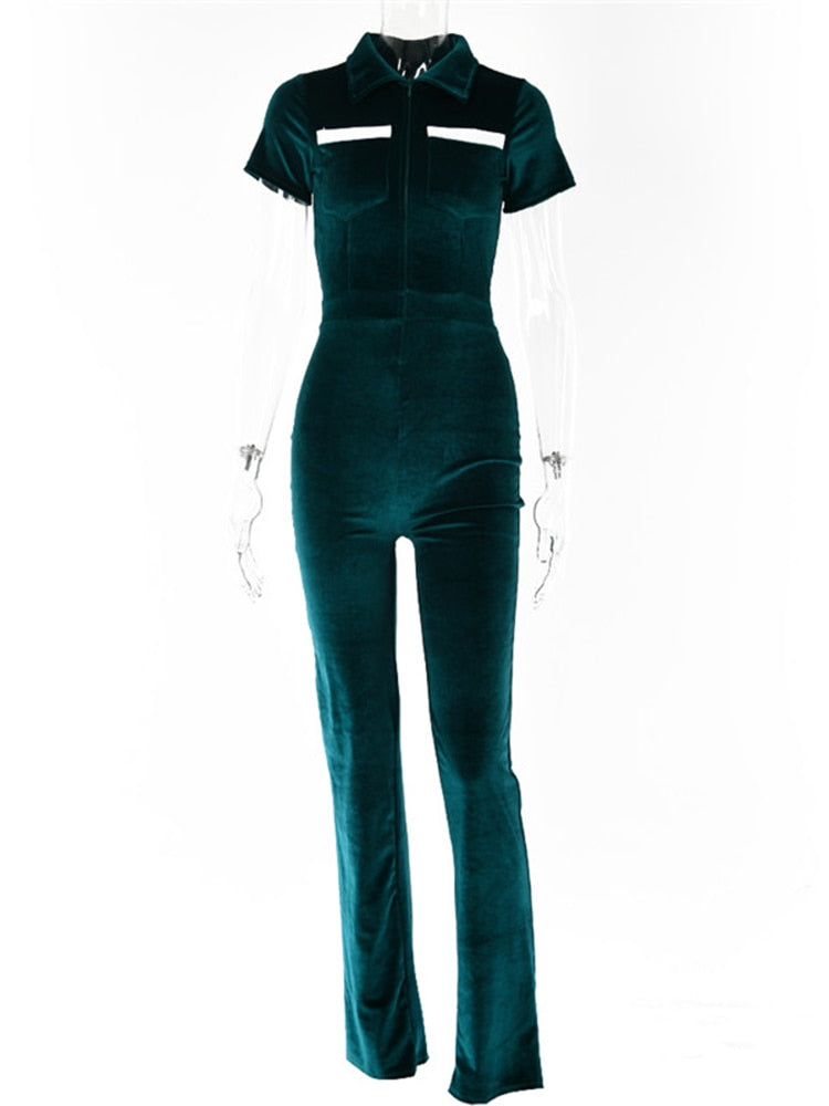 Green Zipper Velvet Jumpsuits