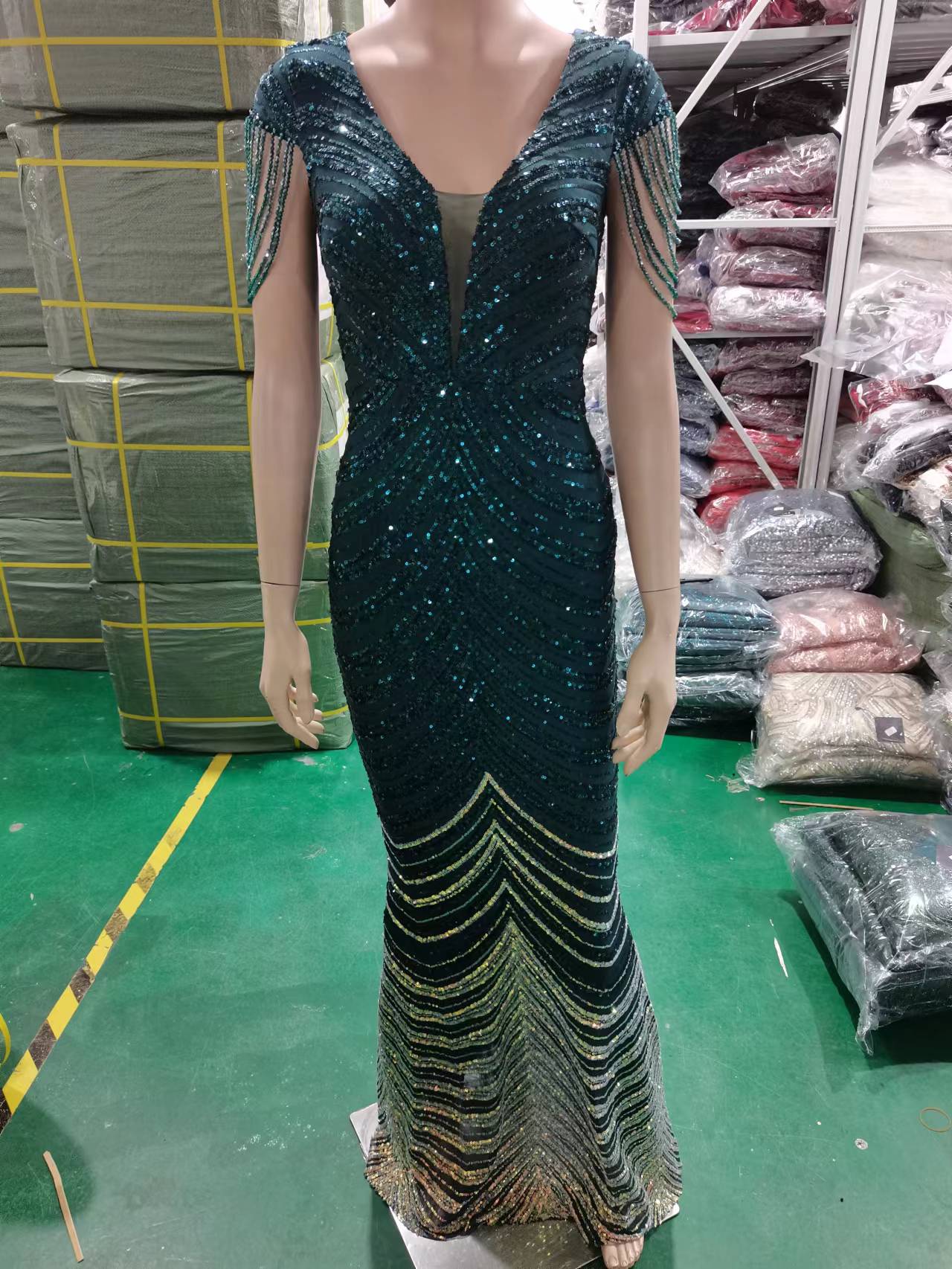 Green Stripes Sequin Evening Dresses Beading