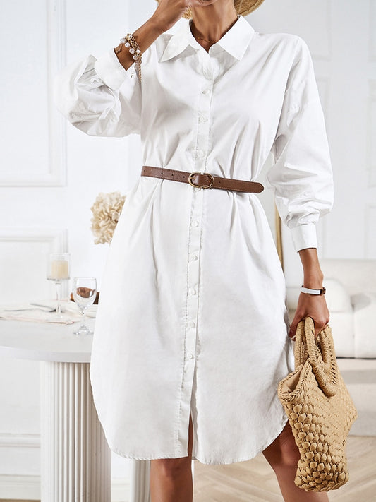 White Cotton Shirt Dress Women Autumn Button Turn Down Collar