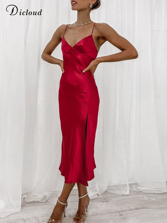 Red Party Dress For Women 2022 Summer Sexy Slit Silk Long Bodycon Elegant Prom