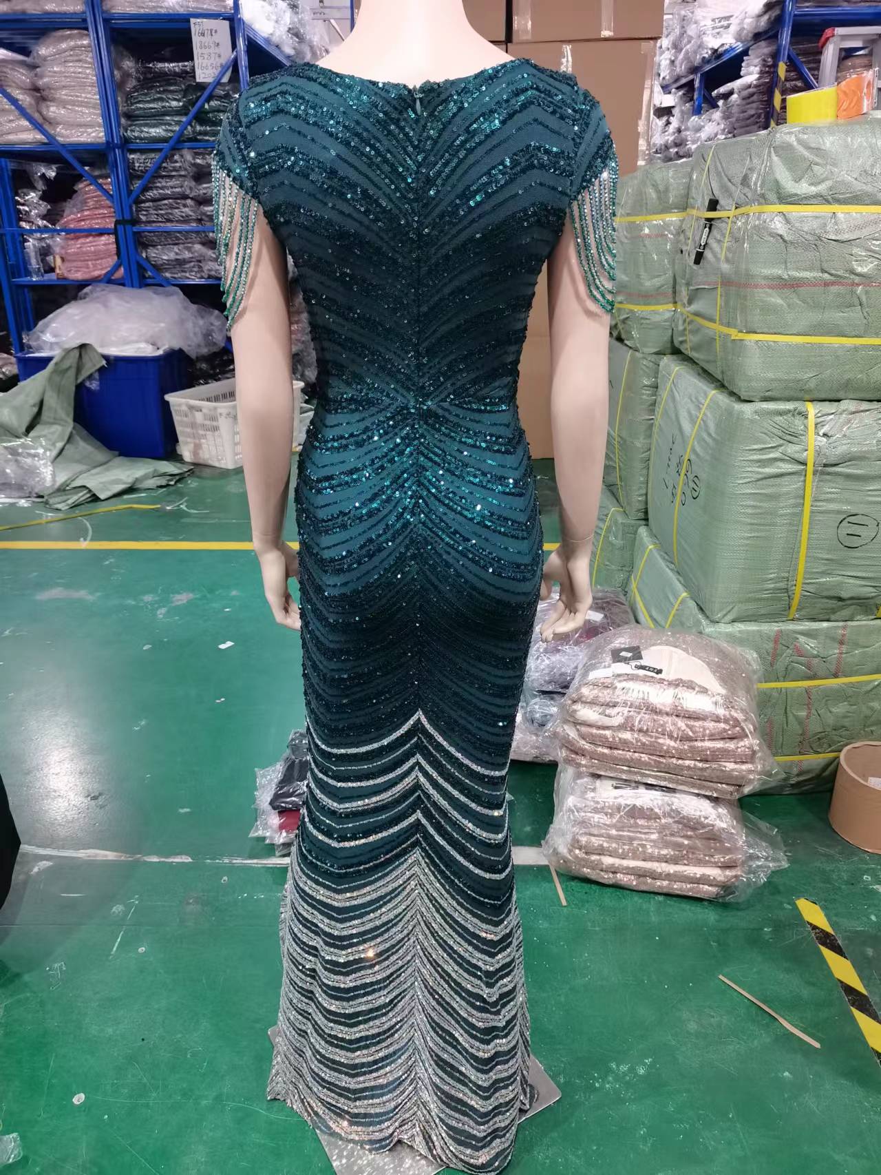 Green Stripes Sequin Evening Dresses Beading