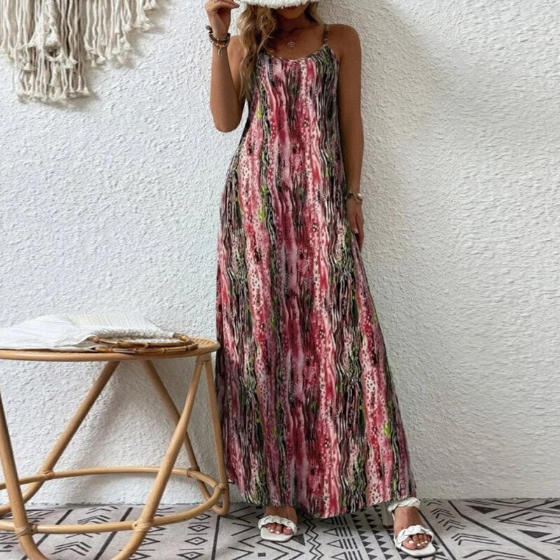 Vintage Print Beach Dress,  Spaghetti Strap Bohe  Dress