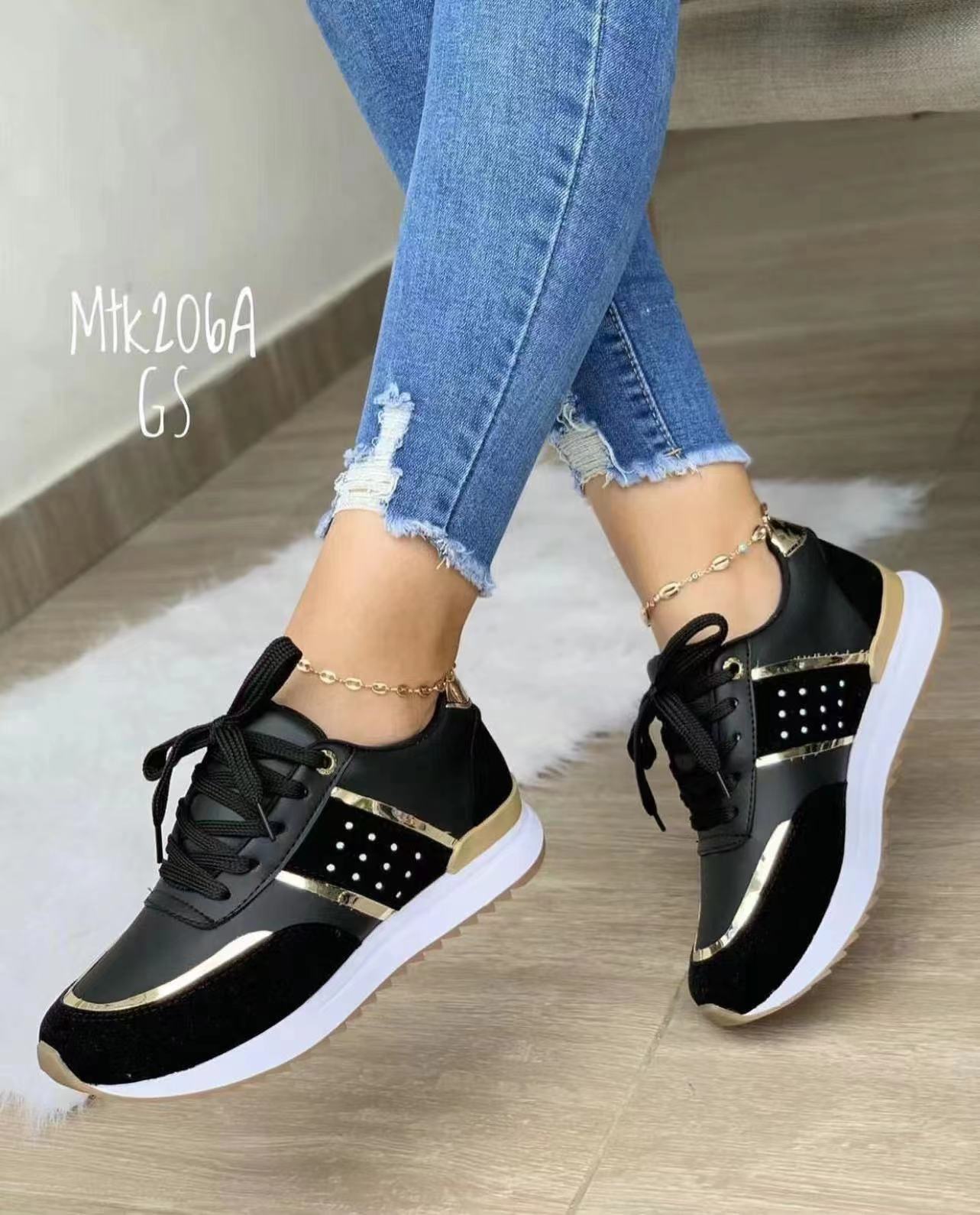 Women Sneakers Platform Shoes, Leather Patchwork Casual Sport Shoes, Ladies Outdoor Running