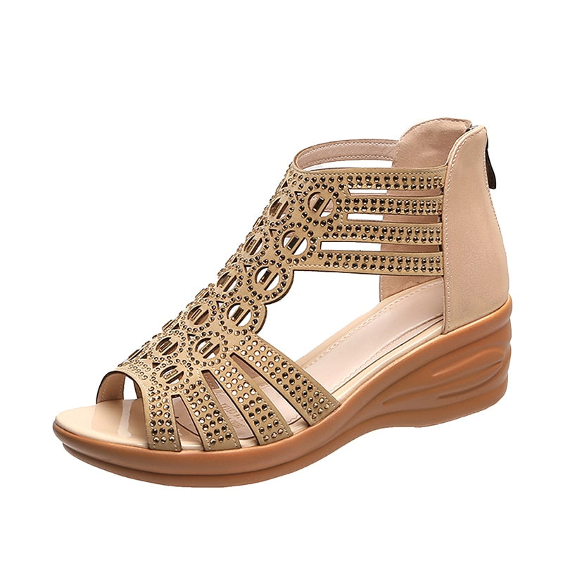 Crystal Sandals Wedges Hollow Out Zipper Sandals