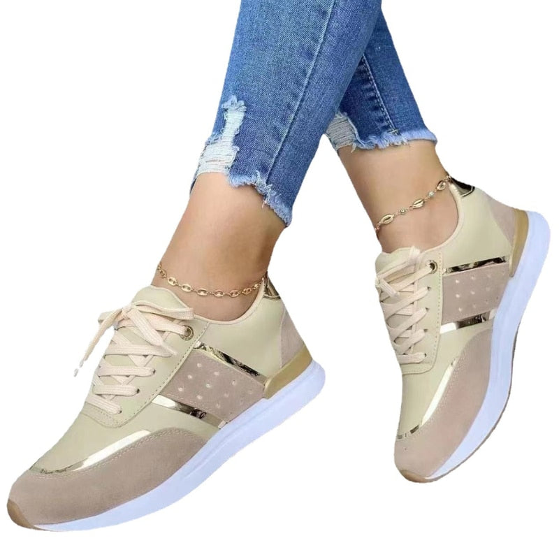 Women Sneakers Platform Shoes, Leather Patchwork Casual Sport Shoes, Ladies Outdoor Running