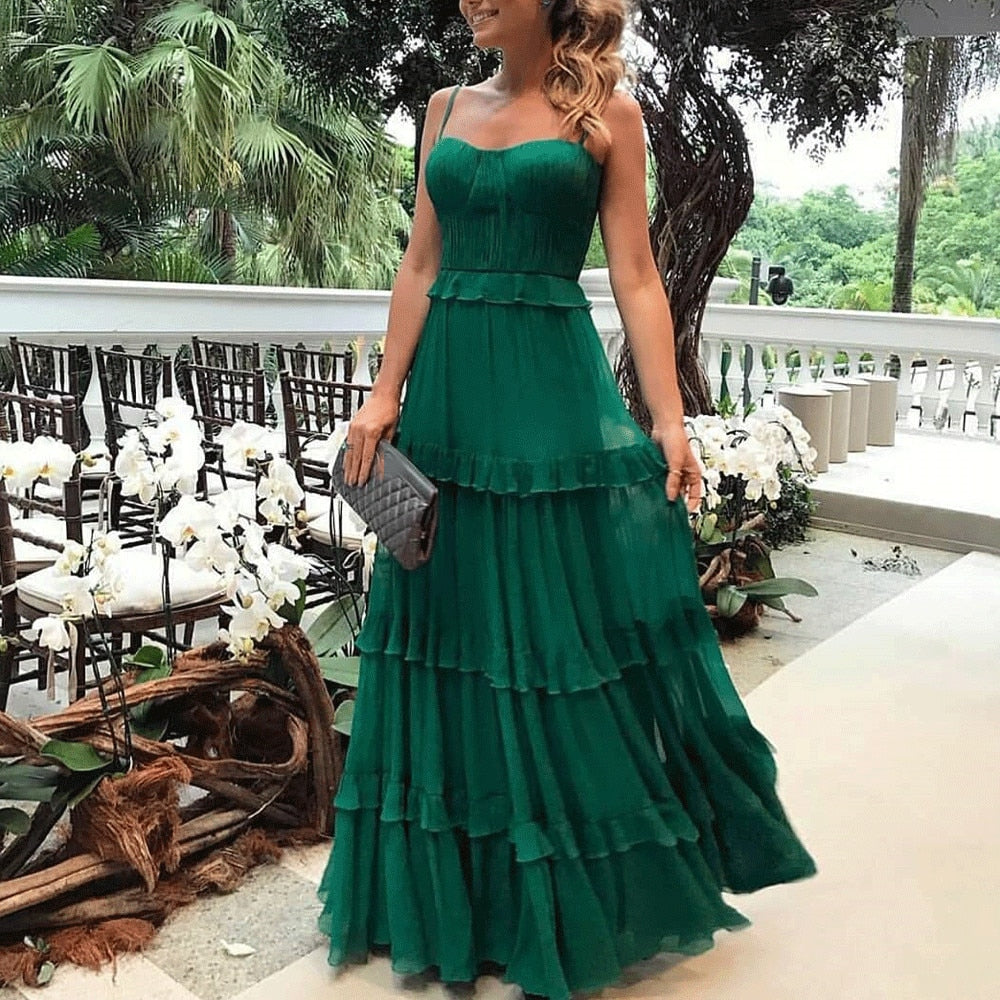 Green Tulle Spaghetti Strap,Pleated Ruffles Maxi Summer Dress