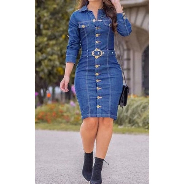 Denim Dress Women Button  Casual Dress